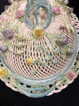 Rare Belleek Oval Reticulated Covered Basket