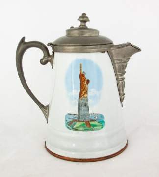 Pewter & Enamelware Coffee Pot with Statue of Liberty
