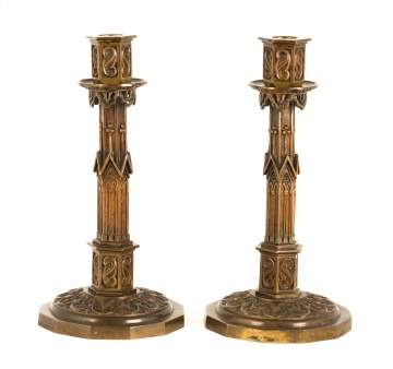Pair of Bronze Charles X Gothic Candlesticks