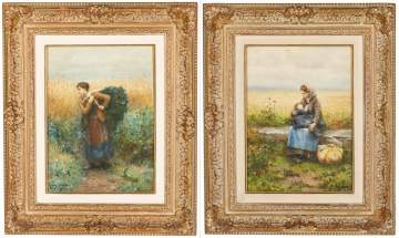 Pair of Daniel Ridgeway Knight (American,  1839-1924) Watercolors of Peasants