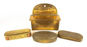 Early Brass and Copper Tobacco Boxes/Wall Pocket
