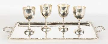 Mexican Sterling Silver Serving Tray and Four Goblets