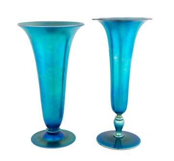 Two Steuben Blue Aurene Trumpet Vases