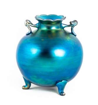 Steuben Blue Aurene Footed and Handled Vase