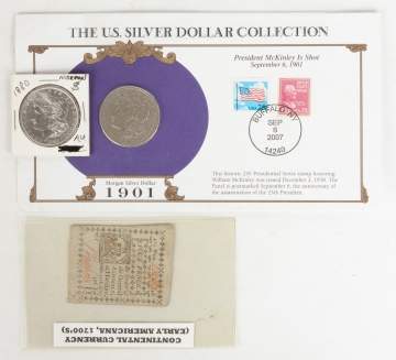 Two Morgan Silver Dollars & Continental Currency