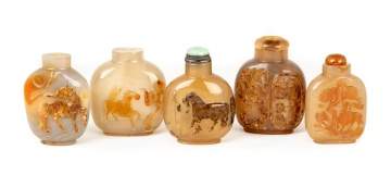 Group of Five Chinese Carved Agate Snuff Bottles