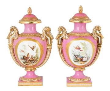 Pair of Coalport Porcelain Pink Ground Vases