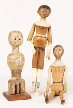 Three Early Queen Ann Carved & Painted Wood Dolls