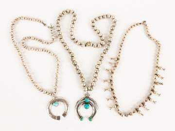 Three Navajo Silver and Turquoise Squash Necklaces
