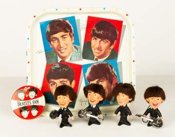 Beatles Memorabilia, Set of Remco Dolls, Enameld Tray & Pin