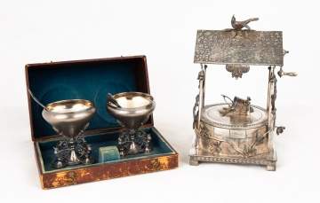 Two Silver Plate Condiment Pieces & Wishing Well