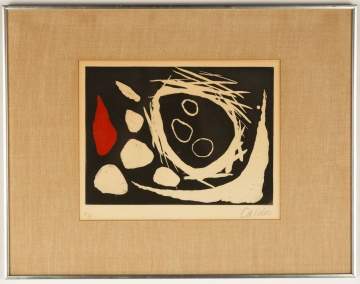 Alexander Calder (American, 1898–1976) "Black Ground with Red and White Shapes"