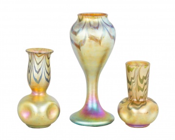 Three Steuben Aurene Decorated Vases