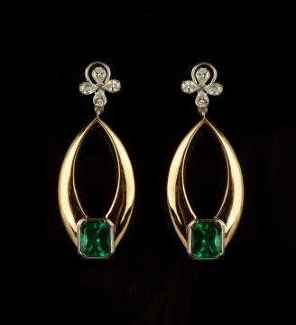 Pair of 18K Gold, Diamond and Green Cut Emerald Earrings