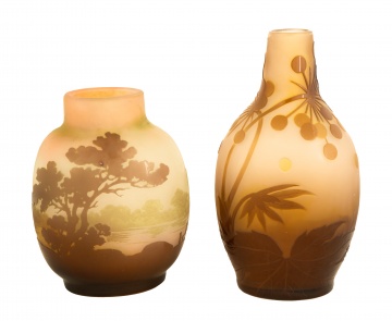 (2) Galle Scenic Cameo Art Glass Vases
