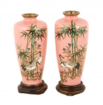 Miniature Japanese Cloisonné Vases with Herons