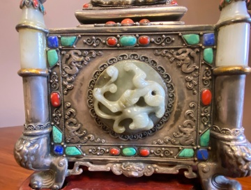 Chinese Jade and Hardstone Silver Box 