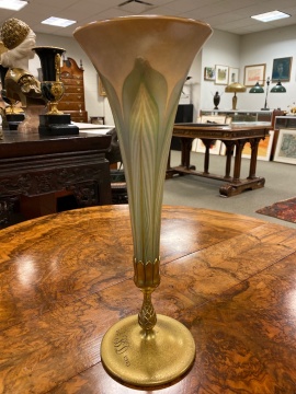 Tiffany Studios, New York Pulled Feather Favrile Vase with Bronze Base