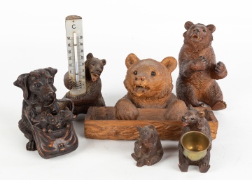 Group of Black Forest Carved Wood Thermometer, Inkwells and Figures