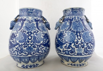 Pair of Chinese Blue & White Porcelain Hu Form Vases with Deer Handles
