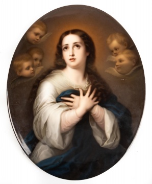 German Painted Porcelain Plaque of Madonna with Cherubs