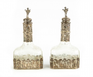 19th Century Etched Crystal with Silver Overall Decanters