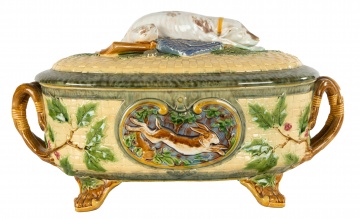 Minton Majolica Game Pie Dish with Gun and Dog