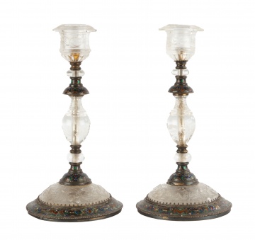 Pair of Early Austrian Silver Mounted Rock Crystal and Enameled Candlesticks