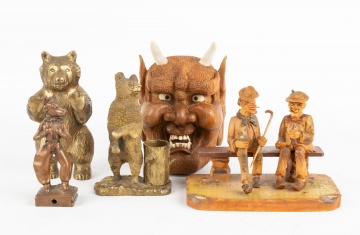 Group of Carved Wood Figures and Brass Bears