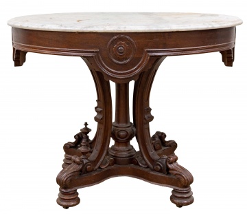 Attributed to Thomas Brooks Victorian Carved Walnut Oval Marble Top Table 