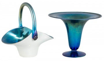 Steuben Blue Aurene & Calcite Basket & Vase