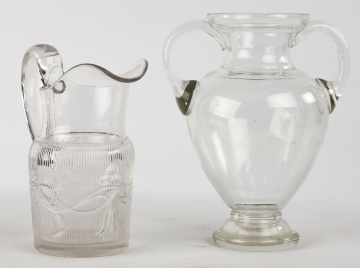 Early Blown Glass Bellflower Water Pitcher and Blown Glass Handled Vase
