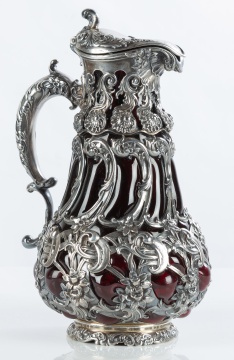 Elaborate Whiting Art Nouveau Sterling Silver and Blown Glass Ewer
