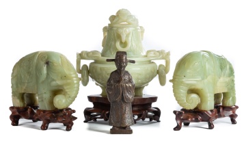 Chinese Jade Censor, Elephants and Bronze Figure