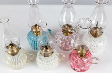 (6) Opalescent Swirl and Coin Spot Finger Oil Lamps