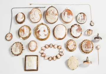 19th Century Shell Cameo Brooches, Rings, Pins & Bracelet