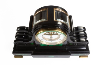 19th Century Year-going Black Slate & Malachite Mantel Clock