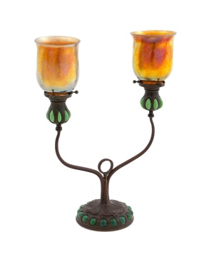Tiffany Studios, Blown-Out Double Candlestick with Favrile Shades