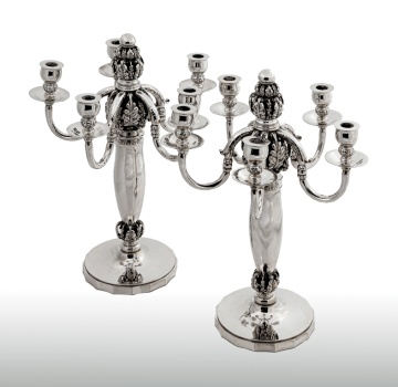 Pair of Fine and Rare Silver Five-Light Candelabra, Designed by Georg Jensen, Mark of Georg Jensen, Cophenhagen, 1925-1932