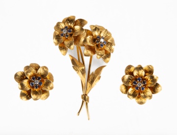 Tiffany & Co. 18K Gold, Blue Sapphire, & Diamond Earrings & Brooch