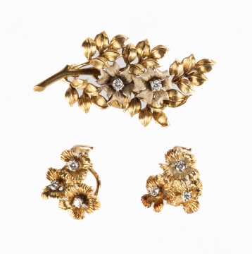 Ladies 18K Gold & Diamond Brooch & Earrings