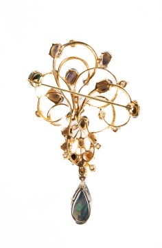 Ladies Art Nouveau 18K Gold Australian Opal & Diamond Brooch