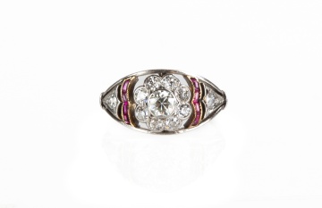 Art Deco Gold, Platinum, Ruby & Diamond Flower  Filigree Ring