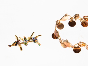 Ladies Italian Gold & Enamel Bird Brooch and Rose  Gold Bracelet