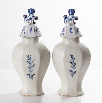 Pair of 18th Century Delft Covered Urns