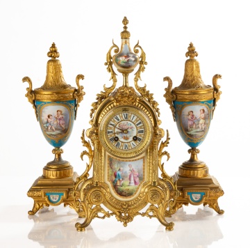19th Century French Sevres Style Mantle Clock with  Associated Garniture