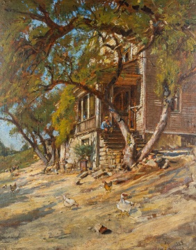 Edward S. Siebert (American, 1856-1938) "Backyard with Chickens Scene"