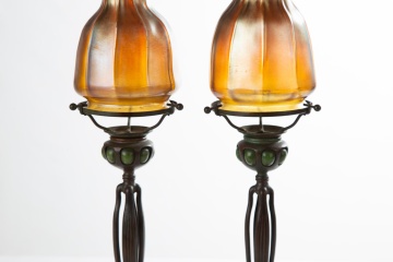 Two Tiffany Studios Blown Out Cats Paw Candlesticks