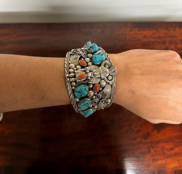 C & P Hannaweeke Zuni Turquoise & Coral Nugget Sio  Shalako Horned Kachina Sterling Silver Cuff  Bracelet