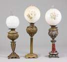 L - Victorian Brass Banquet Lamp, C - Victorian Brass Banquet Lamp, R - Brass & Patinated Metal Banquet Lamp.